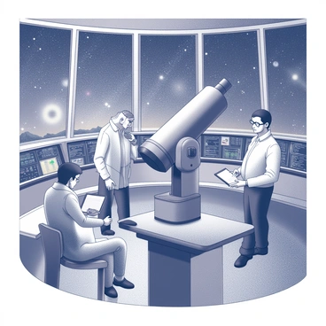 A group of researchers is gathered in a modern observatory. They are focused on a high-tech telescope positioned at the center, equipped with various knobs and instruments. One researcher is adjusting the telescope while another is taking notes on a tablet. The observatory has large windows showing a view of the night sky filled with stars and celestial bodies. The room is illuminated by ambient light from control panels and screens displaying data and images of the cosmos.