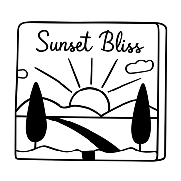 A matchbox cover featuring a sunset scene. The sun is positioned low on the horizon, radiating beams of light. Silhouettes of trees stand on either side, framing the composition. In the background, a series of hills gently rise, creating a sense of depth. The words "Sunset Bliss" are prominently displayed at the top in an elegant font, while a few scattered clouds add texture to the sky.