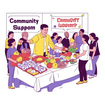 A yellow figure resembling a politician is actively distributing food at a local charity event. Surrounding the figure are several tables covered with white tablecloths, piled high with various food items such as fruits, canned goods, and rice packets. A diverse group of people, including families and volunteers, are gathered around, some smiling as they receive food packages. In the background, there are colorful banners with the words "Community Support" written in bold letters. The atmosphere is lively, filled with excitement and gratitude among the participants.