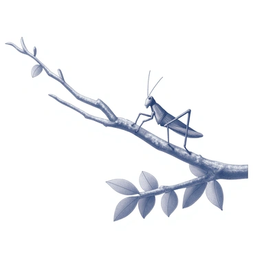 A grasshopper is perched on a slender branch that extends from a tree. The branch is textured with rough bark and small leaves sprouting from it. Below the branch, the ground is obscured by layers of foliage, suggesting it is high above the forest floor. The grasshopper has long legs and antennae, positioned delicately as it rests, blending in with the natural surroundings. The scene captures the stillness of the moment, with the grasshopper as the focal point against the intricate details of the branch and leaves.