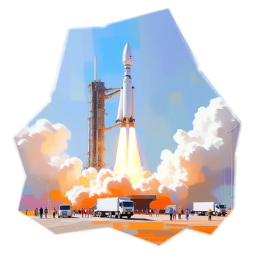 A large rocket is being launched into space from a busy spaceport. The rocket is adorned with various logos and markings, representing the space agency. Ground crew members in uniforms are seen preparing equipment and monitoring systems on the tarmac. In the background, multiple support vehicles are parked, and a control tower rises above the scene. The sky is a bright blue, contrasting with the billowing white smoke and flames emerging from the rocket’s engines as it ascends into the atmosphere. Crowds of spectators are gathered nearby, looking on with excitement as the launch unfolds.