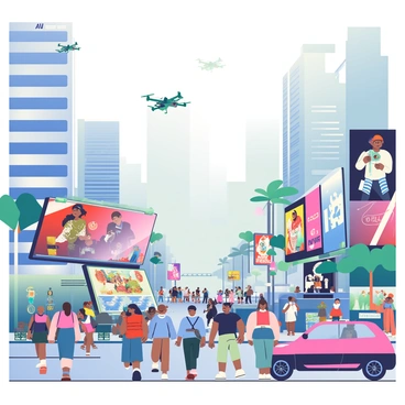 A bustling futuristic Hollywood street is filled with various AI-driven film productions. Tall, sleek skyscrapers with reflective surfaces tower in the background. On the street, there are multiple holographic billboards displaying colorful advertisements for upcoming films. In the foreground, a diverse group of people are walking, some wearing stylish futuristic clothing while others are carrying cameras and equipment. A set with robotic cameras is capturing a scene featuring actors in elaborate costumes. Drones fly overhead, monitoring the production. Electric vehicles are parked along the side of the road, with some filmmakers discussing their projects under bright neon lights.