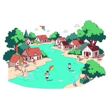 A teal river is flowing gently through a quaint village. On either side of the river, small houses are nestled, each with vivid roofs and flower-filled gardens. Children are playing along the banks, some are splashing water while others are flying colorful kites. A few children are building small sandcastles near the water's edge, while others are laughing and chasing one another. Trees with lush green leaves provide shade along the riverbank, creating a lively atmosphere.