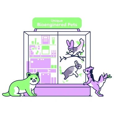 A pet store interior showcases a variety of bioengineered pets, each with unique features. On the left, there is a small dog with luminescent green fur, sitting beside a purple cat that has oversized ears and sparkling eyes. A glass enclosure displays a rabbit with colorful fur patterns, hopping around playfully. Nearby, a bird with intricate purple feather designs perches on a branch, chirping softly. Shelves behind the glass cages are filled with pet accessories and food, while a bright green sign above reads "Unique Bioengineered Pets".