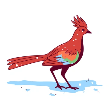 A red lyrebird stands gracefully in a light dusting of white snow. The bird's vibrant plumage features intricate patterns of orange, blue, and green that stand out against the soft white ground. Snowflakes gently settle on the bird’s feathers, highlighting the contrast between the colorful plumage and the snowy scene. The lyrebird's long tail is elegantly fanned out behind it, showcasing its distinctive shape and intricate designs.