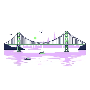 The shadow of the Golden Gate Bridge stretches across the water below, creating a distinct silhouette against the surface. The bridge is suspended with its iconic towers rising on either side, intricately detailed. Below, the water reflects gentle ripples disrupted by the bridge's presence. Small boats can be seen navigating through the shadow, with a few seagulls soaring above, adding to the composition. The skyline of the city is faintly visible in the background, providing context to the scene.