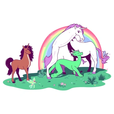 A vibrant setting featuring a diverse group of mythical creatures limbo-ing under a multicolored beam. A tall unicorn with shimmering white fur and a flowing mane stands at one end, bending gracefully under the beam. Nearby, a green dragon with glimmering scales expertly arches its back, while a small, playful fairy with iridescent wings flits around them. A centaur with a chestnut coat and flowing hair watches, cheering on the participants. The ground is covered in lush, green grass, dotted with colorful flowers, adding to the enchanting atmosphere. The rainbow-colored beam casts a soft light over the scene, enhancing the magic of the moment.