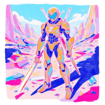 A futuristic warrior stands confidently in a biomechanical suit that seamlessly blends technology and organic design. The suit features intricate metallic patterns that pulse with glowing blue lights, and articulated joints that suggest advanced movement capabilities. The warrior's helmet has a sleek visor that obscures their eyes, and a stylized emblem is emblazoned across the chest piece. In one hand, the warrior grips a high-tech sword glimmering with energy, while the other hand is poised in a defensive stance. The background is a battlefield scattered with debris and futuristic technology, hinting at an impending clash.