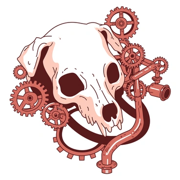 A white dog skull is prominently displayed at the center, surrounded by intricate steampunk gears and copper pipes that intertwine with the skull. The gears are various sizes, some larger than the others, all showcasing detailed engravings. The copper pipes extend outward, forming a complex network that gives the appearance of intricate machinery. The texture of the dog skull contrasts with the shiny metallic surfaces of the gears and pipes. There is a sense of fusion between organic and mechanical elements, creating a striking visual composition.
