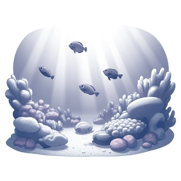 An underwater scene filled with various tropical fish swimming among vibrant coral reefs. The fish display different shapes and sizes as they navigate through the intricate structures of the coral formations. Sunbeams penetrate the water's surface, creating a shimmering effect on the sandy ocean floor. The coral reefs are abundant, with textured surfaces and diverse formations that provide habitat for the marine life.