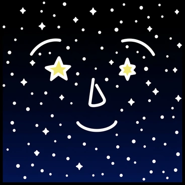 A night sky filled with countless stars. The constellations are arranged to form a distinct face, with features such as eyes, a nose, and a mouth clearly outlined by the star patterns. The background consists of deep blues and blacks, emphasizing the brightness of the stars. The constellations are connected with thin lines, showing the shapes of each star grouping that compose the facial features.