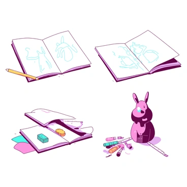 A series of four panels illustrating the process of creating an illustration from sketch to final piece. In the first panel, there is a white sketchbook open to a blank page, with a yellow pencil lying beside it. Light blue sketch lines depict a rough outline of a character. The second panel features the same sketchbook, now with refined outlines in bold black ink and a teal eraser removing some sketch lines. The character appears more defined, with additional details. The third panel displays the character filled in with vibrant colors, using various tools scattered around, like colored markers in shades of pink and orange. The final panel presents the completed illustration, showcasing the character set against a simple white backdrop, with a subtle shadow for depth.