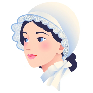 A close-up portrait of a woman's face from the Victorian era is displayed prominently. Her complexion is fair, and she has delicate features. Her hair is neatly styled and hidden beneath an intricate lace bonnet that frames her face elegantly. The bonnet features detailed floral patterns and soft ruffles. The woman has a gentle expression, with her eyes looking slightly off to the side, conveying a sense of grace and poise. The background is softly blurred to keep the focus on her face and the bonnet.