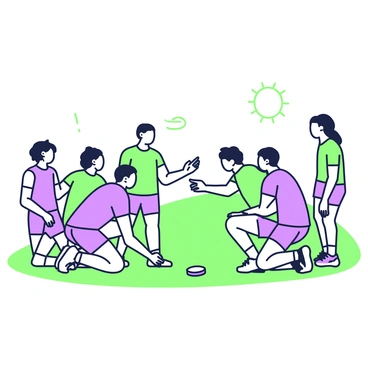 A group of ultimate frisbee players is huddled together on a grassy field, deep in discussion. They are wearing matching uniforms, consisting of jerseys and shorts. The players are of diverse appearances, with varying hair lengths and styles. Some are kneeling while others are standing, all focused on a central player who is pointing towards a section of the field, indicating a strategic play. In the background, a few players are stretching and preparing for the game, while a frisbee lies on the ground nearby. The sun is shining, creating a bright and energetic atmosphere around the team.