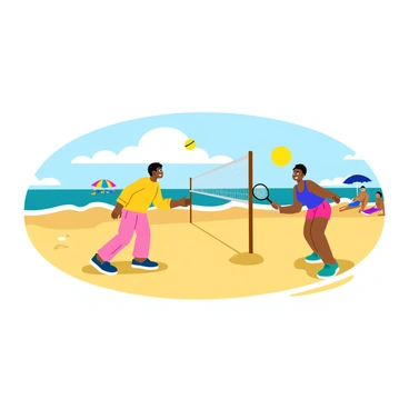 A lively badminton game taking place on a sandy beach. Two players, one wearing a bright yellow shirt and the other in a blue tank top, are focused on the game. The birdie is captured mid-air as it is being hit over a net strung between two poles. The sun shines brightly, casting playful shadows on the sand. In the background, gentle waves lap at the shore, and a few beachgoers are seen relaxing under colorful umbrellas.