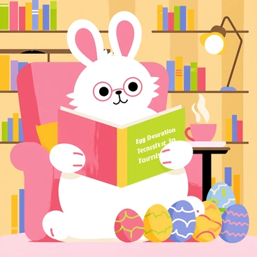 An Osterhase reading about egg decoration techniques in a cozy library corner