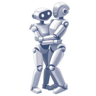 A person standing in a warm embrace with a robot. The person has a distant look in their eyes, suggesting contemplation or longing. The robot is humanoid in shape, featuring metallic surfaces and intricate mechanical joints. The two figures are positioned in a close, intimate manner, emphasizing the connection between them. The background is minimal, allowing the focus to remain on the person and the robot in their embrace.