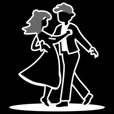 Two dancers in silhouette, engaged in a tango pose, highlighting their graceful movements. The first dancer is a man, wearing a fitted suit, with one arm extended towards the second dancer. The second dancer is a woman, dressed in a flowing dress that trails behind her, accentuating her curves. They are positioned close together, their bodies entwined, expressing passion and connection. A spotlight casts a warm glow around them, emphasizing their outlines against a dark background.
