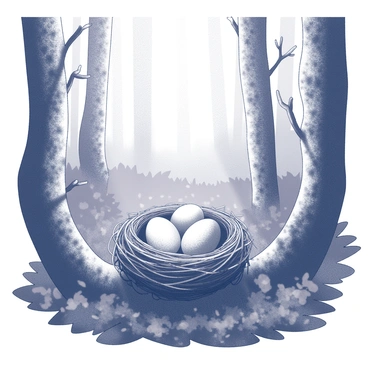 A bird's nest is situated among thick branches, carefully concealed by an array of leaves and twigs. The surrounding forest is dense, with tall trees that tower above, their trunks obscured by a veil of mist. Soft, ethereal tendrils of fog weave through the underbrush, creating an atmosphere of mystery. Sunlight filters through the canopy, casting subtle shadows on the forest floor, which is covered in a blanket of fallen leaves and moss. The nest, crafted from twigs and grass, cradles a few delicate eggs, their surfaces smooth and speckled, blending harmoniously with the natural surroundings.