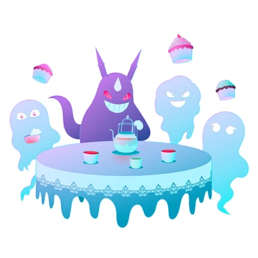A round table draped in a lace tablecloth is set for a whimsical tea party. Gengar, a purple ghost Pokémon with a wide grin and pointed ears, sits at the head of the table. It pours tea from an ornate teapot into floating cups. Surrounding the table are various ghostly guests, including a translucent spirit with a flowing dress and a mischievous specter with glowing eyes. Delicate pastries and cupcakes hover above the table, and colorful, shimmering balloons float in the air, adding to the enchanting atmosphere. Each ghostly figure has a playful expression as they interact with the magical setting.