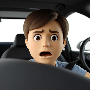 A close-up of a driver's shocked facial expression right after a minor car accident.