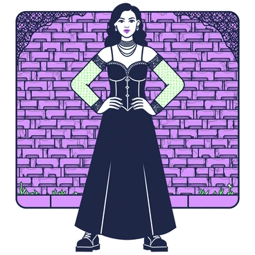 A model stands confidently wearing a gothic fashion ensemble. She has a long black lace dress that flows elegantly to the ground, with intricate lace details adorning the sleeves and hem. The dress is complemented by a black corset that cinches at the waist, enhancing her silhouette. On her feet are black Dr. Martens boots, adding a touch of edginess to the outfit. The model's accessories include layered silver necklaces and rings, contributing to the gothic aesthetic. Her makeup is bold, with dark eyeliner and deep lipstick, and her hair is styled in loose waves cascading down her shoulders. The background features a dark, textured wall that adds to the overall gothic atmosphere.