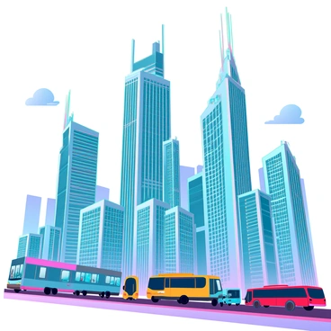 A vibrant city skyline filled with towering skyscrapers of various designs, featuring glass facades and illuminated windows. The buildings reach upwards, some with unique architectural elements like spires and terraces. Below, the streets are busy with streams of colorful vehicles, including cars and buses, creating a dynamic scene of urban traffic. Pedestrians can be seen walking on the sidewalks, adding to the lively atmosphere. The sky is clear with a few wispy clouds, enhancing the bright, bustling environment of the city.