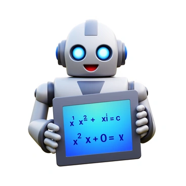 A friendly robot with a sleek metallic body and expressive eyes is holding a digital tablet. The robot is focused on writing out a quadratic equation solution. The tablet displays clear numbers and symbols, such as "ax² + bx + c = 0" and the steps to solve it. The background features a simple, illuminated workspace, emphasizing the vibrant colors of the screen and the robot’s cheerful design.