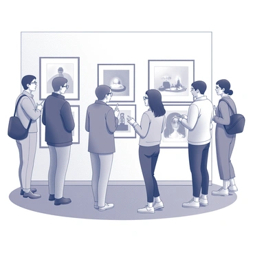 Several visitors are standing in an art gallery. They are engaged in observing different illustrations displayed on the walls. Each illustration showcases a distinct style, creating a diverse visual experience. Some visitors are discussing their favorite pieces while others are taking notes or sketching in notebooks. The gallery has a polished wooden floor and soft lighting that highlights the artwork. One visitor, with glasses, is pointing towards a large illustration, while another, dressed in a casual outfit, is leaning closer to examine the details of a smaller piece.