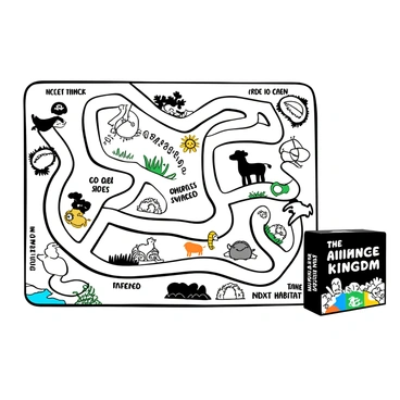 A board game layout is depicted with a winding path that represents a race through the animal kingdom. Various animal tokens, including a lion, an elephant, a giraffe, and a turtle, are placed along the track. The game board features illustrated habitats like a jungle, savannah, and ocean, with detailed representations of trees, grass, and water. Along the path, there are colorful spaces indicating special events, such as "Go Back 2 Spaces" or "Advance to the Next Habitat." The game box is shown next to the board, displaying a vibrant design with the title "Race Through the Animal Kingdom."