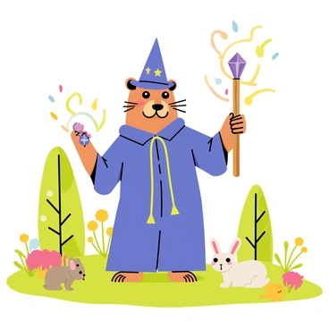 A whimsical scene featuring a wombat dressed in a deep blue wizard's robe and a tall, pointed hat adorned with sparkling stars. The wombat stands on its hind legs, holding a wooden staff topped with a glowing crystal in one hand. Surrounding the wombat are colorful swirls of magical energy spiraling from the tip of the staff. The background showcases a lush, green forest with vibrant flowers and tall trees, creating an enchanting atmosphere. A few curious woodland creatures, such as a rabbit and a squirrel, watch the wombat intently as it casts its spell. 