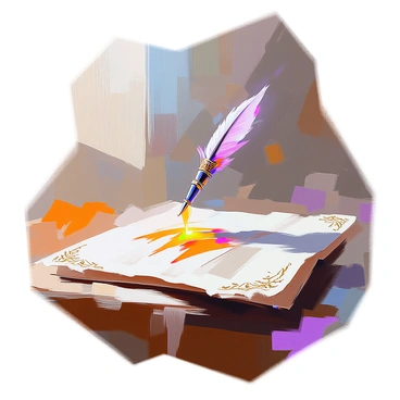 A magical quill, adorned with intricate designs and glowing faintly, hovers just above a piece of parchment. The quill is releasing a stream of rich, shimmering ink that flows gracefully onto the parchment below. The parchment itself is aged and textured, displaying ornate borders and hints of gilding. As the ink touches the surface, it begins to form elegant letters and intricate illustrations, creating a stunning illuminated manuscript. The scene is set on a wooden table, dimly lit, enhancing the enchanting atmosphere of the moment.