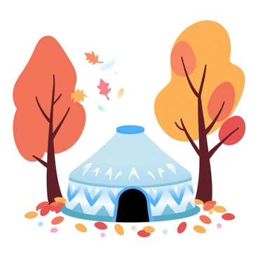 A colorful yurt with a rounded shape and a vibrant pattern on its exterior stands in the foreground. The yurt has a circular entrance and is adorned with decorative elements. Surrounding the yurt are tall trees showcasing vivid autumn colors, with leaves in shades of orange, red, and yellow. Several leaves are drifting down gently from the branches, and the ground beneath the trees is scattered with a carpet of fallen leaves, adding to the richness of the scene. The overall composition captures the essence of an autumn landscape.