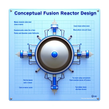 A blueprint-style illustration of a conceptual fusion reactor design. The reactor features a large, round containment vessel with intricate piping and support structures surrounding it. Detailed annotations highlight key components such as superconducting magnets, plasma confinement systems, and energy extraction mechanisms. The illustration includes various cross-sections showing the internal layout, with clearly demarcated areas for fuel input and energy output. A grid background provides a structured layout that enhances the technical feel of the design. "Conceptual Fusion Reactor Design" is labeled prominently at the top of the illustration.