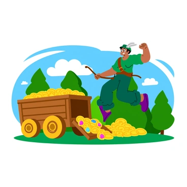 A heroic figure of "Robin Hood" is depicted mid-leap onto a wooden carriage brimming with gold coins and sparkling jewels. The carriage is adorned with intricate carvings and has its doors flung open, revealing more treasure spilling out. Robin Hood wears a green tunic and a feathered cap, while his bow is slung across his back. The scene captures the dynamic moment as he descends, with a determined expression on his face. In the background, green trees and a bright blue sky provide a vibrant setting for the action.