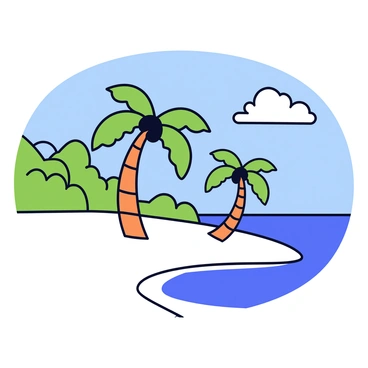 A tropical island featuring white sandy beaches that stretch along the shoreline. The sand is soft and bright, contrasting with the clear blue water. Swaying palm trees with long, curved trunks and lush green fronds are scattered across the island, casting gentle shadows on the beach. The sky above is a vibrant blue, with a few fluffy white clouds. In the background, there are hints of a lush green landscape, adding to the island's natural beauty.