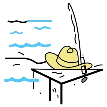 A fishing rod, featuring a slender, elongated shape, is leaning against a straw hat, which has a wide brim and a textured surface. The straw hat is positioned on a wooden railing, displaying a rustic texture with visible grains and knots. The background showcases a gently flowing river, with subtle ripples reflecting light. The setting conveys a tranquil outdoor scene, perfect for a day of fishing.