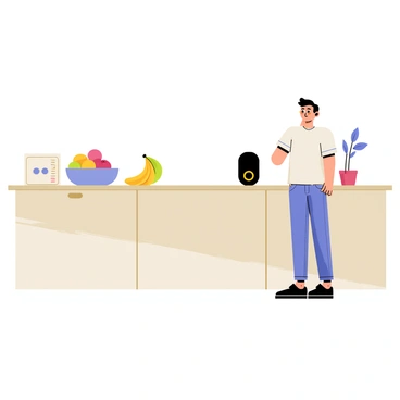 A kitchen counter with a clean, polished surface made of light-colored wood. On the counter, there is a sleek smart speaker with a circular shape and a glowing indicator light. A person stands nearby, facing the smart speaker, wearing a casual shirt and jeans. The person's expression shows concentration as they speak. Surrounding the smart speaker, there are various kitchen items, including a fruit bowl filled with colorful apples and bananas and a small potted plant adding a touch of greenery.