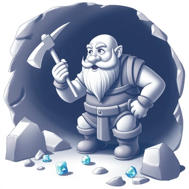 A dwarf miner with a stout build and a thick beard is crouched down in a dark cave. He is wearing a rugged, worn leather vest and sturdy boots. In his right hand, he holds a pickaxe, positioned above his shoulder, ready to strike the rock. Around him, there are several sparkling gems scattered on the cave floor, glistening in the dim light. The cave walls are rocky and uneven, with hints of different mineral textures. The air is filled with a sense of discovery as the dwarf looks intently at the gems, his eyes reflecting their sparkle.