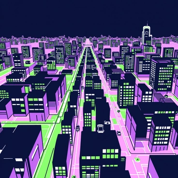 A view from the top of a skyscraper captures the vastness of a sprawling city below. The city is filled with numerous tall buildings, each reflecting light from the thousands of illuminated windows. The streets are lined with bright lights from vehicles moving in various directions. In the distance, there are clusters of neon signs glowing and adding vibrance to the scene. The sky is dark, creating a striking contrast with the radiant cityscape.