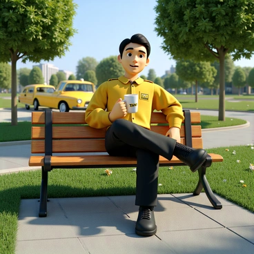 A taxi driver with short black hair, wearing a yellow uniform with a taxi logo, sits on a wooden park bench. He holds a steaming cup of coffee in one hand, with a calm expression on his face. The park surrounding him has green grass and blooming flowers. In the background, there are trees with lush foliage and a clear blue sky. A yellow taxi cab is parked nearby, visible in the scene. The sun casts soft shadows on the ground, adding warmth to the setting.