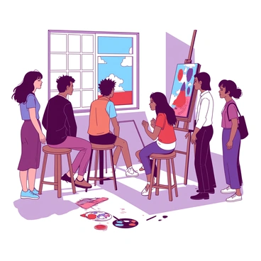A group of students is gathered in an art school classroom in Montpellier, focused on a large painting displayed on an easel. The students, varying in age and ethnicity, are standing and sitting on wooden stools, leaning in to discuss the artwork. The painting features vibrant colors, showcasing a mix of reds and blues. Sunlight streams through a window, casting soft shadows on the floor, while art supplies are scattered around the classroom, including brushes and palettes. The atmosphere is filled with curiosity and creativity as the students share their thoughts on the art piece.