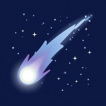 A bright comet with a shiny, glowing tail is streaking across the night sky. The comet has a luminous head, radiating light with a central core that appears almost white. The tail extends behind it, displaying a gradient of colors blending from blue to purple, shimmering in the darkness. Surrounding the comet are countless twinkling stars scattered across the deep navy background of the sky, adding to the overall brilliance of the celestial scene.