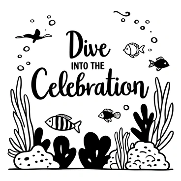 An invitation card with the words "Dive Into the Celebration" prominently displayed at the top. Surrounding the text are various tropical fish swimming gracefully among detailed coral reefs. The coral formations have intricate textures and shapes, with several fish of different sizes and patterns weaving in and out of the coral. Bubbles can be seen rising, adding to the underwater ambiance of the scene.