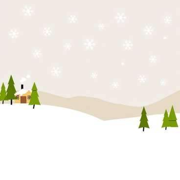 Soft, fluffy snowflakes gently falling from a cloudy gray sky onto a winter landscape. The ground is covered with a thick layer of white snow, creating a smooth, uninterrupted surface. In the foreground, there are several evergreen trees with branches dusted in white. In the distance, rolling hills are blanketed in snow, and a small wooden cabin with smoke rising from its chimney is nestled among the trees. The overall scene conveys a tranquil and wintry atmosphere.