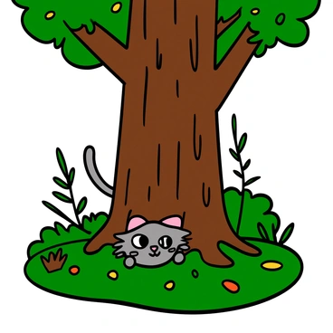 A small, fluffy mog cat with gray fur and bright green eyes is hiding behind a large, textured brown tree trunk in a lush forest. The cat’s ears are perked up, and it has a playful expression, ready to pounce. Sunlight filters through the leaves, casting dappled shadows on the ground covered in green grass and fallen leaves. Surrounding the tree are various plants and small bushes, enhancing the vibrant natural setting.