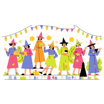 A lively festival scene featuring multiple witches in vibrant, colorful robes. Each witch is casting spells that create swirling sparkles and glowing orbs of light around them. The background is filled with banners and lanterns hanging from trees, providing a festive atmosphere. Some witches are dancing joyfully, while others are engaged in playful magical activities, such as flying on broomsticks or conjuring colorful creatures. The ground is decorated with a variety of magical items, including potion bottles and spellbooks, completing the enchanting celebration.