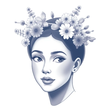 A close-up portrait of a face with distinct features and expression. The person has a crown made of wildflowers, showcasing a variety of shapes and sizes, with flowers arranged in a harmonious manner around the head. The crown sits prominently atop the head, drawing attention to the facial features. The background is neutral to emphasize the face and the floral crown.