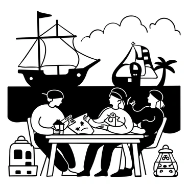 A pirate ship with tattered sails floats on dark waves under a cloudy sky. A diverse crew of pirates is gathered around a wooden table, intently studying several parchment treasure maps. One pirate holds a compass in one hand while pointing to a location on the map with the other. Another pirate is using a quill to make notes on a separate piece of parchment. In the background, a mysterious and ghostly island looms, shrouded in mist and shadows, with faint outlines of palm trees visible. Nautical instruments and a lantern are scattered around the table, adding to the scene's adventurous atmosphere.