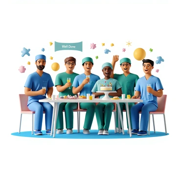 A group of medical staff members in a brightly lit break room, celebrating a successful surgery. There are three nurses and two surgeons, all wearing scrubs in varying colors, including blue, green, and patterned designs. They are smiling with expressions of joy and relief. One nurse is holding a small cake with "Congratulations" written on it, while another staff member is raising a glass of sparkling juice in a toast. Colorful decorations and a "Well Done" banner are visible in the background. A table with snacks and drinks is set up beside them, adding to the festive atmosphere.